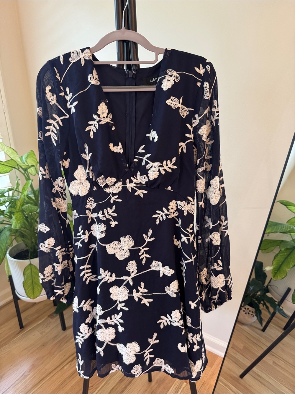 Lulu's Navy Dress with White Floral Embroidery